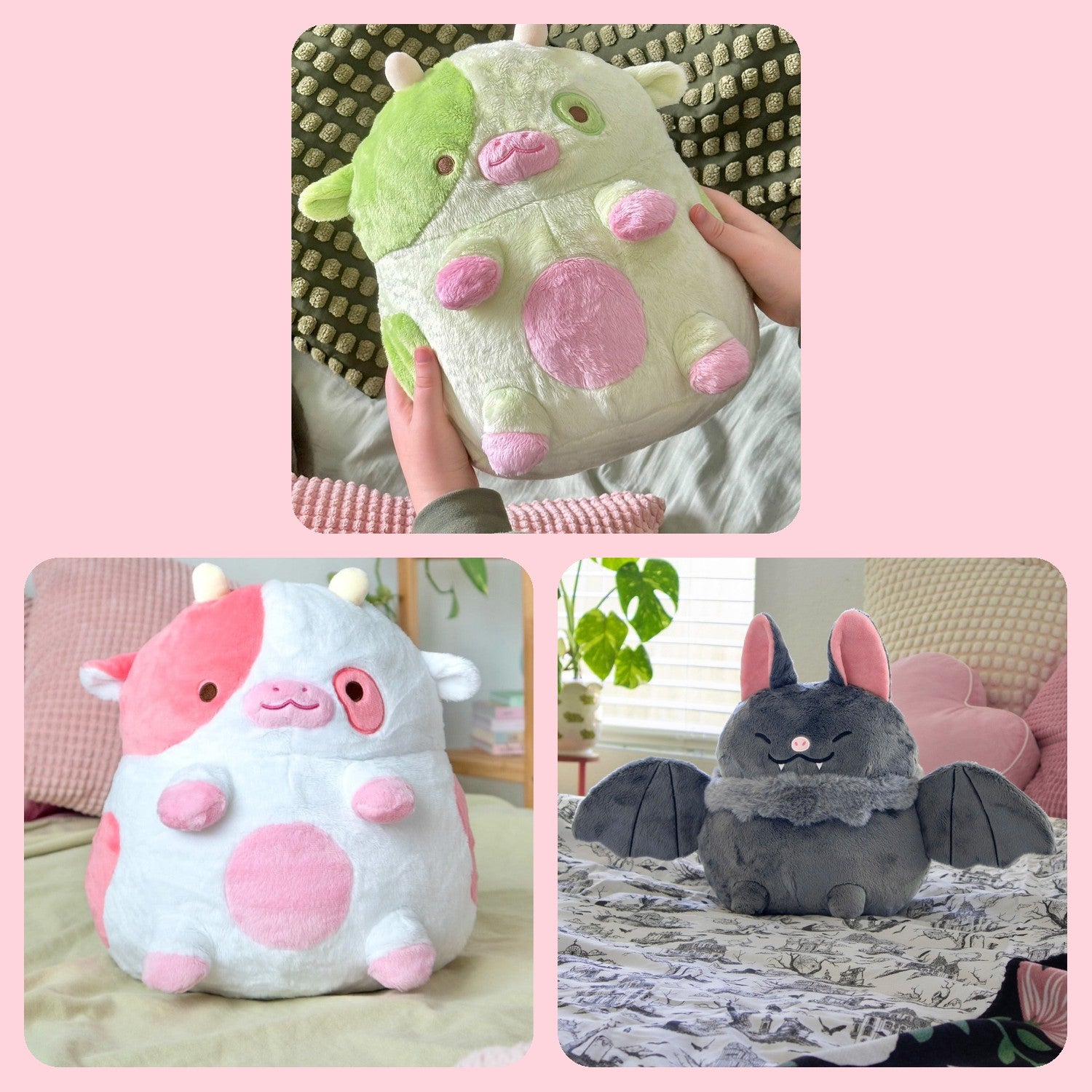 Get 3 More Plushies: Pickle Cow, Strawberry Cow and Blackberry Bat heatable plushies
